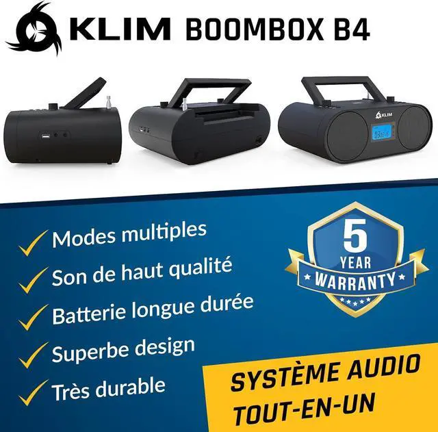 Alt view image 2 of 7 - KLIM Boombox B4 CD Player Portable Audio System - New - AM/FM Radio with CD Player MP3 Bluetooth AUX USB - Wired & Wireless Mode Rechargeable Battery - Remote Control Autosleep Digital EQ