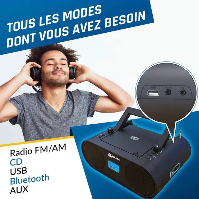 Alt view image 3 of 7 - KLIM Boombox B4 CD Player Portable Audio System - New - AM/FM Radio with CD Player MP3 Bluetooth AUX USB - Wired & Wireless Mode Rechargeable Battery - Remote Control Autosleep Digital EQ