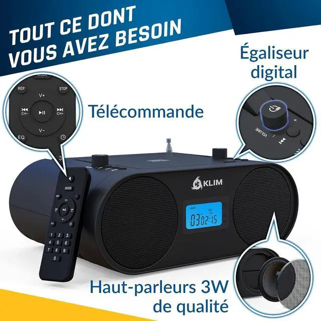 Alt view image 6 of 7 - KLIM Boombox B4 CD Player Portable Audio System - New - AM/FM Radio with CD Player MP3 Bluetooth AUX USB - Wired & Wireless Mode Rechargeable Battery - Remote Control Autosleep Digital EQ