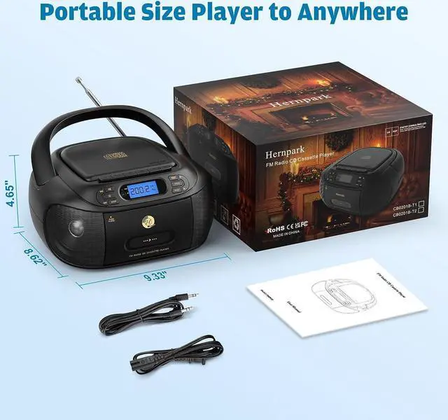 Alt view image 6 of 7 - CD Cassette Player Combo, Hernpark Rechargeable Boombox with Bluetooth 5.1, Tape Recording, FM Radio, Super Bass, Stereo Sound, Aux/USB Drive, Headphones Jack, Boom Box for Indoor Outdoor