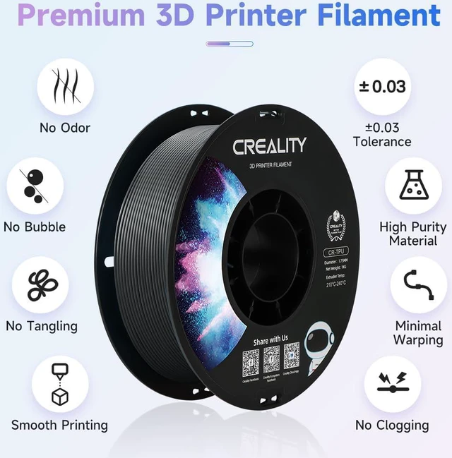 Alt view image 5 of 7 - Creality 3D Printer Filament Black TPU Filament 1.75mm 1KG, 95A Shore, Flexible 3D Printer Filament, High Hardness & Resilience, Dimensional Accuracy +/- 0.03 mm for Most FDM 3D Printers