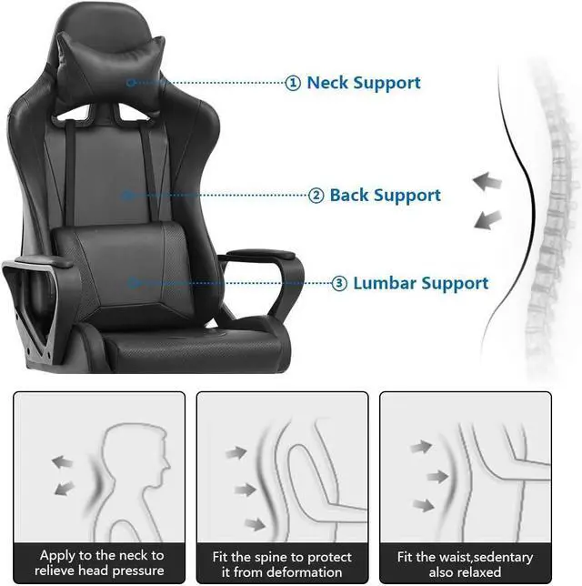 Alt view image 4 of 7 - Racing Style Gaming Chair Office Chair High Back Computer Chair Leather Desk Chair Ergonomic Executive Chair Adjustable Video Game Chair Swivel Task Chair w/Headrest and Massage Lumbar Support, Black