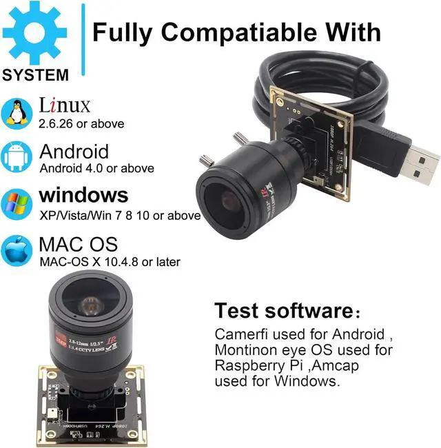 Alt view image 4 of 7 - 2.8-12mm Varifocal Lens 2MP Webcam 1080P USB Camera Modul HD Webcamera 0.01Lux Low Illumination Mini Camera with H.264 Format OTG Camera