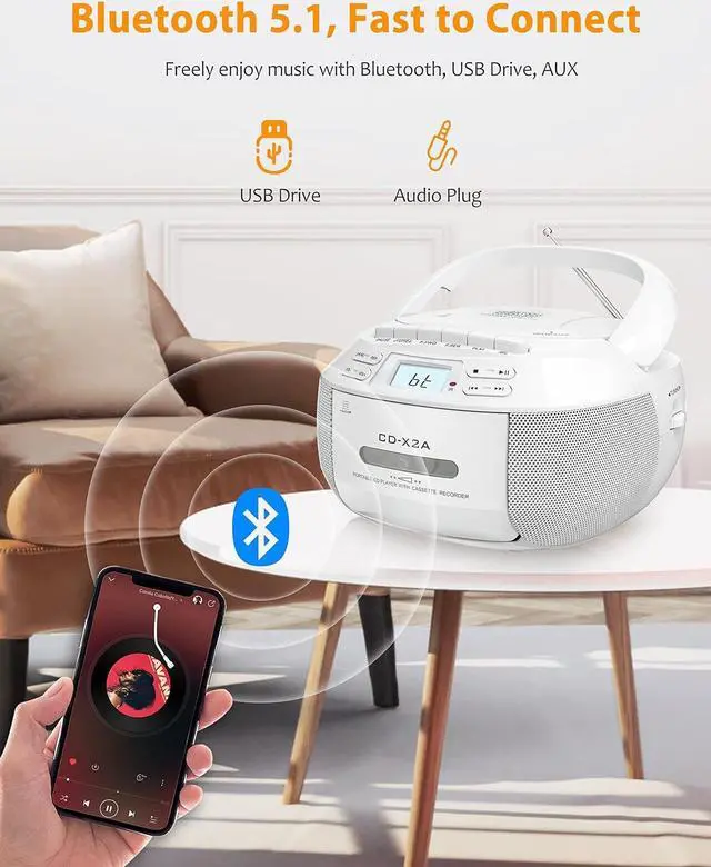 Alt view image 4 of 7 - CD Player Boombox Cassette Player Combo with Bluetooth,AM/FM Radio,Stereo Sound with Remote Control,AUX/USB Drive,Tape Recording,AC/DC Powered,Headphone Jack,LCD Display for Home,Kids,Gift