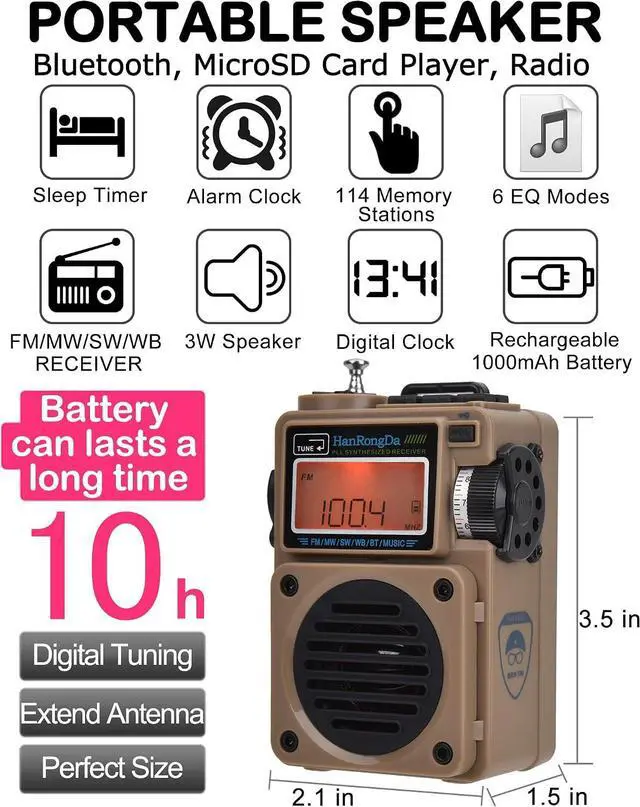 Alt view image 2 of 7 - Radio, Bluetooth Speaker Support MicroSD Card, FM MW WB Shortwave Receiver with NOAA Alerts and Sleep Timer, Rechargeable Retro Digital Radios with Backlit and Alarm for Camping HRD701
