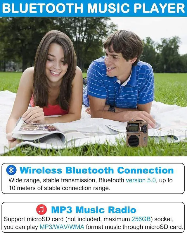 Alt view image 4 of 7 - Radio, Bluetooth Speaker Support MicroSD Card, FM MW WB Shortwave Receiver with NOAA Alerts and Sleep Timer, Rechargeable Retro Digital Radios with Backlit and Alarm for Camping HRD701