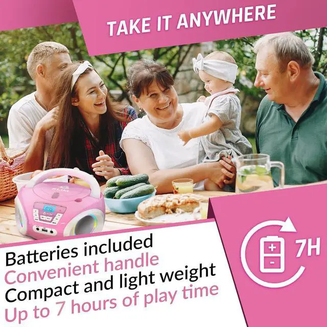 Alt view image 5 of 7 - Candy Kids Portable CD Player for Kids - New Version 2024 - FM Radio - Batteries Included - CD Boombox for Kids - Cute Pink Radio cd Player with Speakers for Kids and Toddlers - Pink
