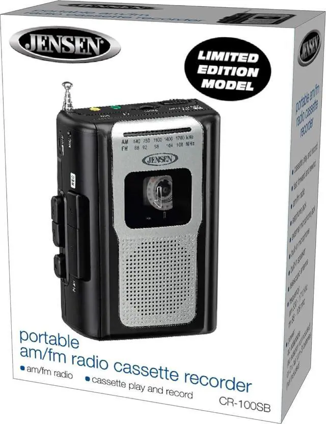Alt view image 7 of 7 - Jensen® CR-100 Vinatge Portable Personal Cassette/Recorder Tape Player with AM-FM Radio Built-in Speaker & Microphone, Headphone Jack Input - Black Limited Edition