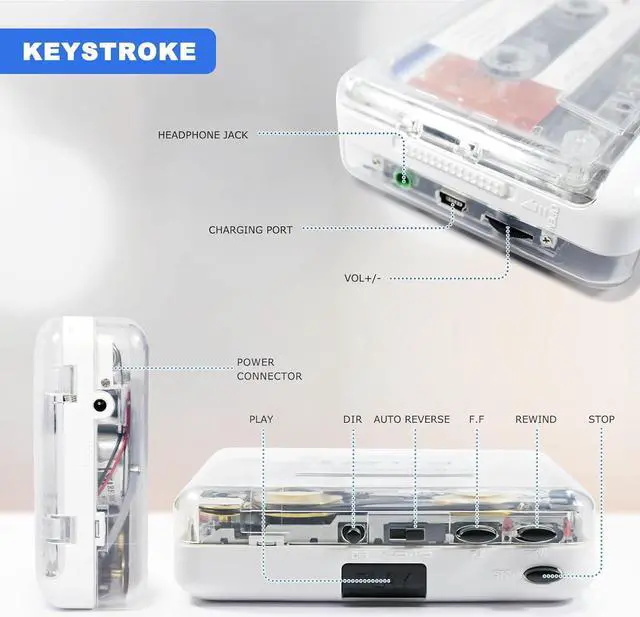 Alt view image 6 of 7 - Auto Reverse Clear Stereo Cassette Player,Built-in Cool Copper Wheel MovementEarphone,Cassette Tape to MP3 Converter with Tape Converter Software,Powered by USB Power Cord or AA Battery