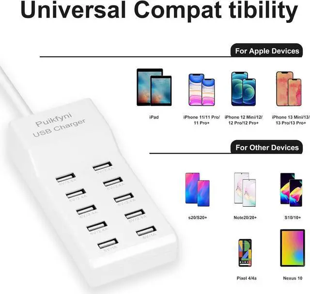 Alt view image 2 of 7 - 10-Ports USB Charger Family-Sized Desktop USB Rapid ChargerSmart USB Charger for Multiple Devices,Smart watches Smart Phones Tablets (2 pack)