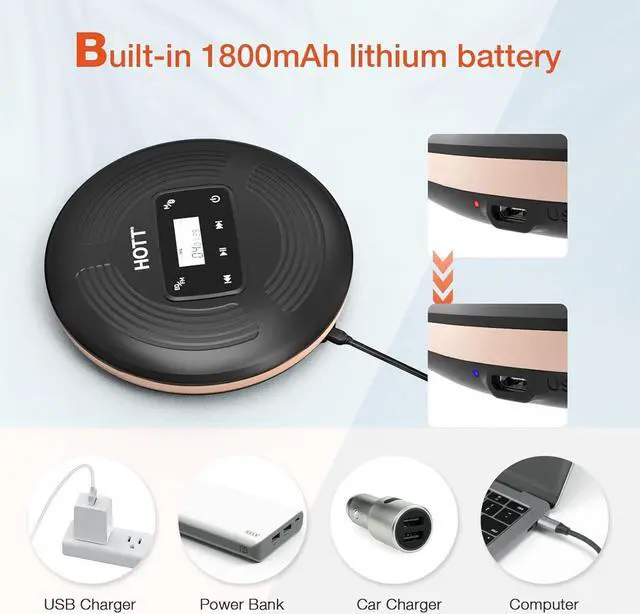 Alt view image 5 of 7 - HOTT Portable CD Player with Bluetooth and FM Transmitter,Portable Walkman CD Player with Touch Buttons Backlight,Rechargeable Discman Player with AUX Cable,CD Player Shockproof for Car Home CD903TF