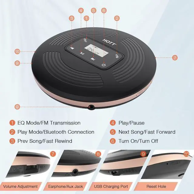 Alt view image 7 of 7 - HOTT Portable CD Player with Bluetooth and FM Transmitter,Portable Walkman CD Player with Touch Buttons Backlight,Rechargeable Discman Player with AUX Cable,CD Player Shockproof for Car Home CD903TF