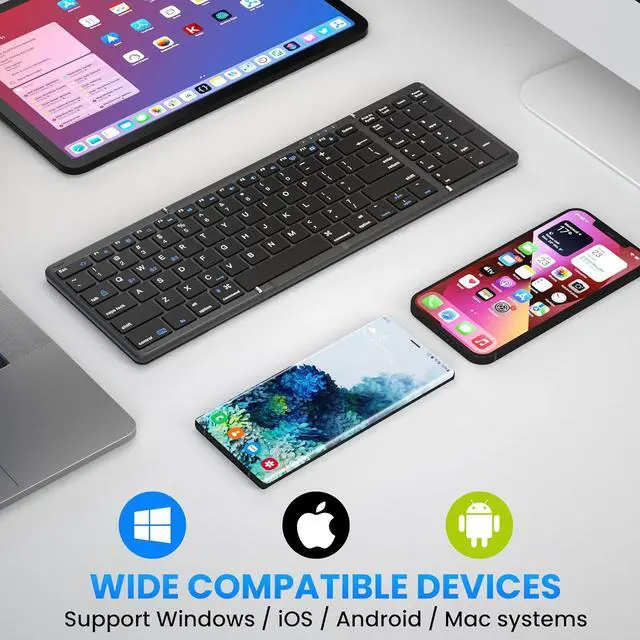 Alt view image 4 of 7 - Folding Bluetooth Keyboard with Numeric Keypad, Full-Size Wireless Folding Keyboard with PU Leather Sync Up to 3 Devices, Rechargeable Portable Travel Keyboards for Windows iOS Android