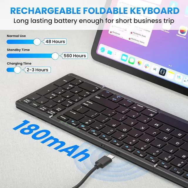 Alt view image 6 of 7 - Folding Bluetooth Keyboard with Numeric Keypad, Full-Size Wireless Folding Keyboard with PU Leather Sync Up to 3 Devices, Rechargeable Portable Travel Keyboards for Windows iOS Android