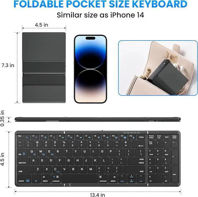 Alt view image 7 of 7 - Folding Bluetooth Keyboard with Numeric Keypad, Full-Size Wireless Folding Keyboard with PU Leather Sync Up to 3 Devices, Rechargeable Portable Travel Keyboards for Windows iOS Android