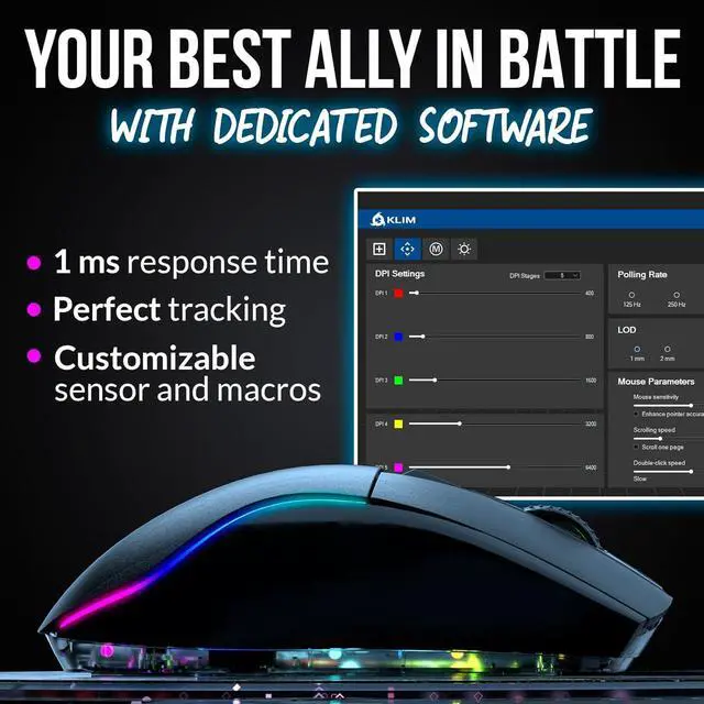 Alt view image 3 of 7 - KLIM Blaze X RGB + New + Rechargeable Wireless Gaming Mouse with Charging Dock + Long-Lasting Battery + Up to 12000 DPI + Wired & Wireless Mouse PC, PS5, PS4, Mac + Black