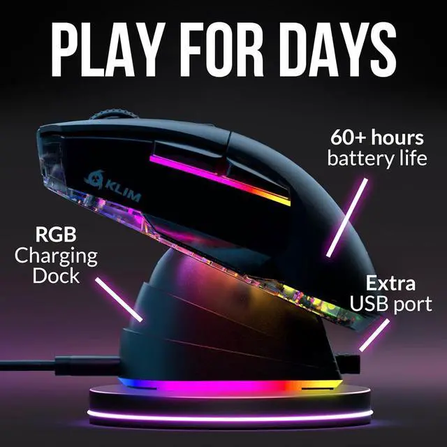 Alt view image 6 of 7 - KLIM Blaze X RGB + New + Rechargeable Wireless Gaming Mouse with Charging Dock + Long-Lasting Battery + Up to 12000 DPI + Wired & Wireless Mouse PC, PS5, PS4, Mac + Black