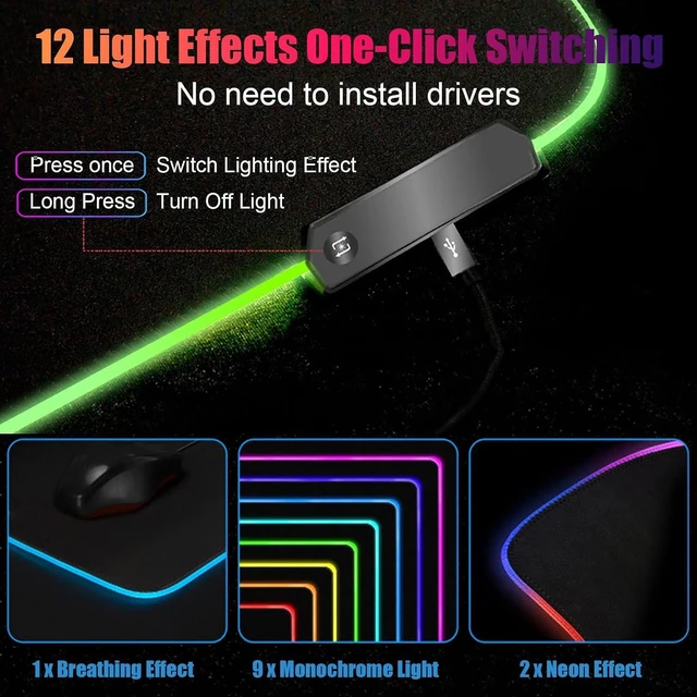Alt view image 4 of 7 - RGB Large Gaming Mouse Pad, Extended Mouse Pad with 12 Lighting Effects, Water Proof Mutispandex Surface, Non-Slip Rubber Base, 80x30 cm / 31.5×11.8 in (Cat)
