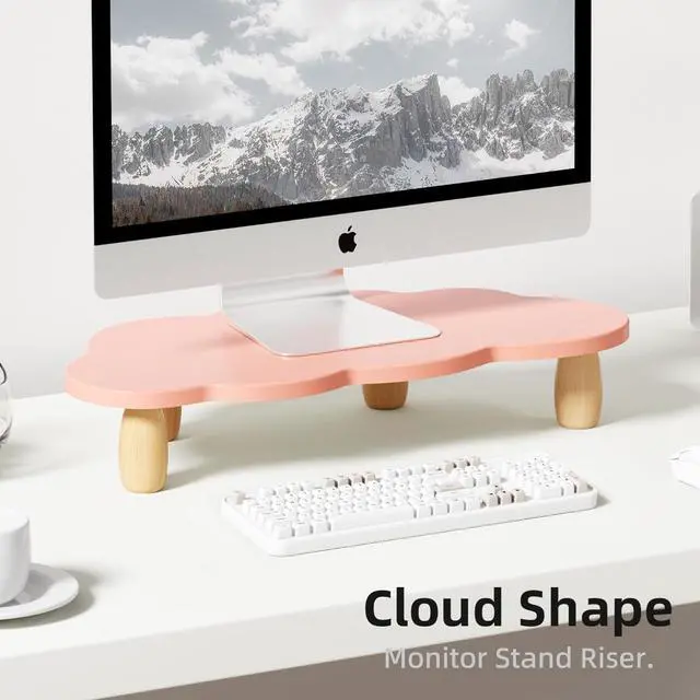 Alt view image 2 of 6 - Monitor Stand Riser,Cloud-Shaped Sturdy Wood Computer Monitor Riser, Laptop Monitor Stand, Multi-Purpose Desktop Organizer Riser for Computer, Laptop, Printer, TV,Pink