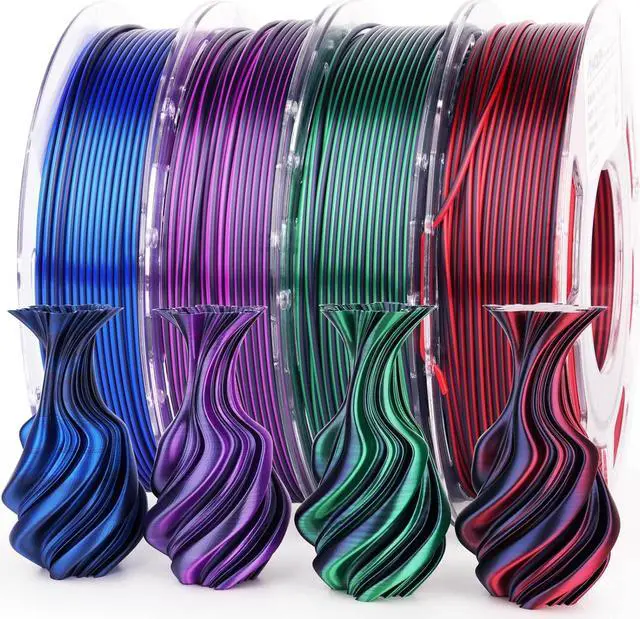 Main image of AMOLEN Silk PLA 3D Printer Filament Bundle, Shiny Dual Color PLA Filament 1.75mm Pack, Color Change PLA 3D Printing Filament for Most FDM 3D Printer, Black Series 200g X 4 Spools
