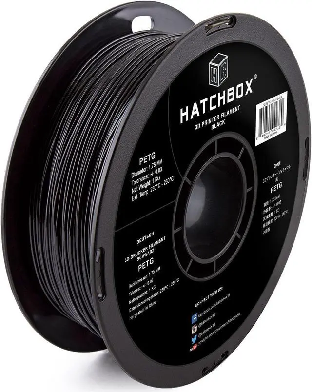 Main image of HATCHBOX PETG 3D Printer Filament, Dimensional Accuracy +/- 0.03 mm, 1 kg Spool, 1.75 mm, Black