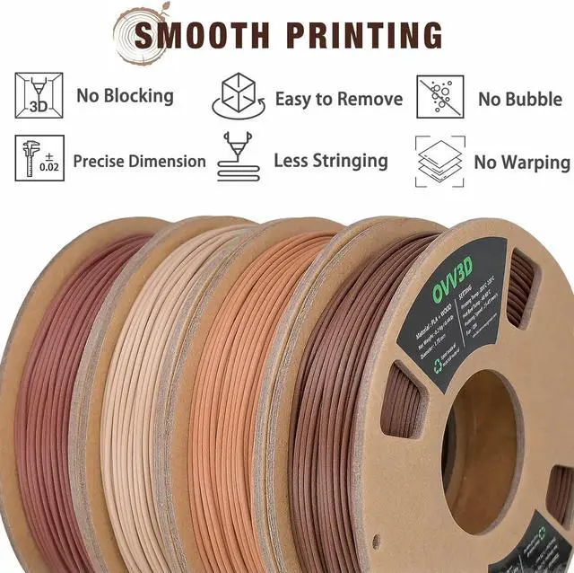 Alt view image 5 of 7 - OVV3D Wood 3D Printer Filament Bundle, Wood PLA Filament 1.75mm Bundle, Wood Filament More Than 30% Real Wood Fiber, Walnut, Oak, Cherry, Teak, 1.75 PLA Filament 3D Printing Filament, 200g X 4 Pack