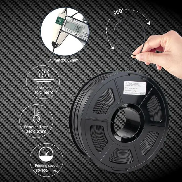 Alt view image 3 of 7 - Carbon Fiber Polycarbonate Filament 1.75mm, UV/Heat Resistance PC-CF 3D Printer Filament, Carbon Fiber PC Filament for High-Temperature Technical Parts, 1kg(2.2lbs) Spool