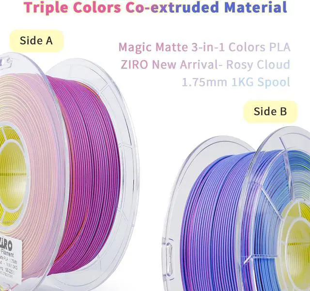 Alt view image 2 of 6 - ZIRO PLA Filament Matte, Multicolors 3D Printer Filament, Tri-Colors 3-in-1 Chrome Coextrusion, Magic Visual Effect PLA, Fit Most FDM 3D Printers,1KG/2.2lb Spool, Rosy Cloud (Matte)
