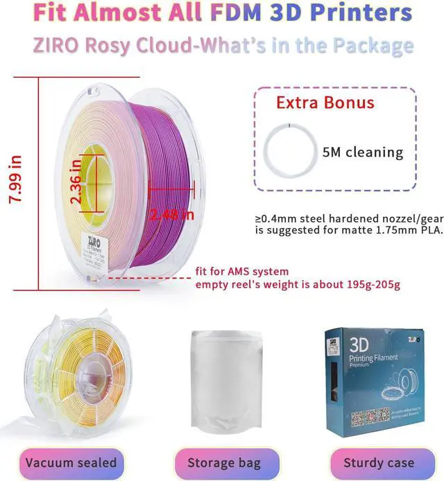 Alt view image 5 of 6 - ZIRO PLA Filament Matte, Multicolors 3D Printer Filament, Tri-Colors 3-in-1 Chrome Coextrusion, Magic Visual Effect PLA, Fit Most FDM 3D Printers,1KG/2.2lb Spool, Rosy Cloud (Matte)