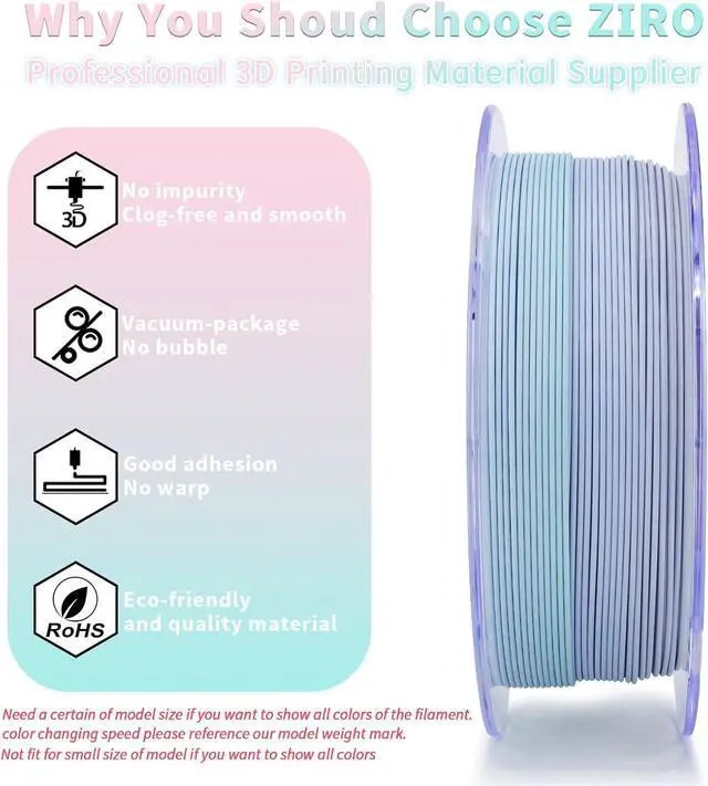 Alt view image 3 of 6 - ZIRO 3D Printer Filament, Matte PLA Filament 1.75mm, Multicolor Soft Colors Rainbow PLA,1KG/2.2lb 3D Printing Material No-Shine, Macaron