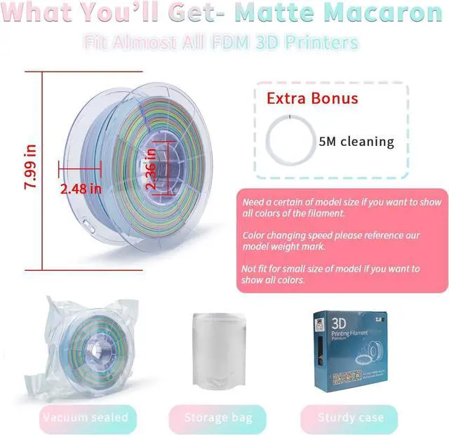 Alt view image 5 of 6 - ZIRO 3D Printer Filament, Matte PLA Filament 1.75mm, Multicolor Soft Colors Rainbow PLA,1KG/2.2lb 3D Printing Material No-Shine, Macaron