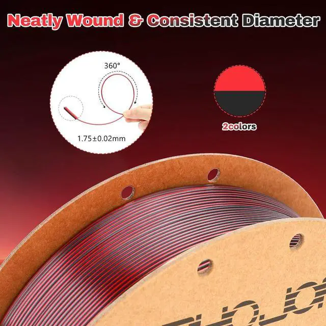 Alt view image 2 of 6 - 3DHoJor Silk PLA Filament 1.75mm Black Red Dual Color PLA 3D Printer Filament 2 in 1 Coextrusion 1KG Spool(2.2lbs) 3D Printing Filament Dimensional Accuracy +/- 0.03mm