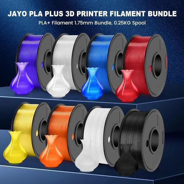 Alt view image 2 of 7 - JAYO PLA+ Filament Bundle 1.75mm, 3D Printer Filament Bundle Multicolor, Individually Vacuum Packed, 250g Spool, 8 Pack, 2KG in Total, Black+White+Transparent+Clear(Blue+Red+Orange+Yellow+Purple)