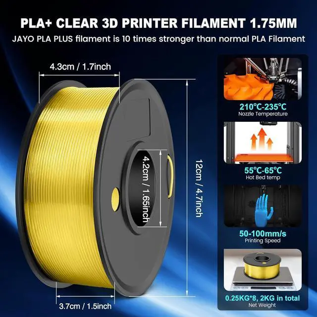 Alt view image 3 of 7 - JAYO PLA+ Filament Bundle 1.75mm, 3D Printer Filament Bundle Multicolor, Individually Vacuum Packed, 250g Spool, 8 Pack, 2KG in Total, Black+White+Transparent+Clear(Blue+Red+Orange+Yellow+Purple)