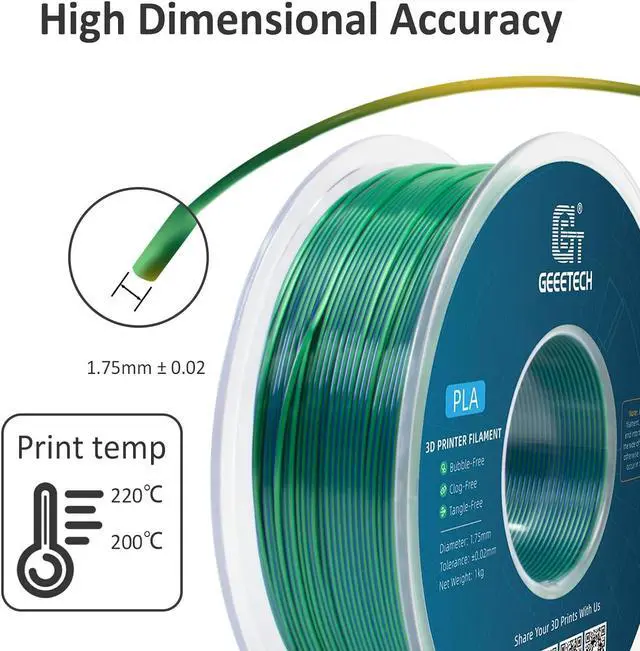 Alt view image 3 of 6 - Geeetech 3D Printer Silk PLA Dual Color Filament, Metal-Like Shiny Silk Filament 1.75mm 1kg (2.2lbs) Spool, Dimensional Accuracy +/- 0.02 mm, Silk Blue Green