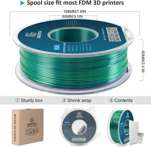 Alt view image 4 of 6 - Geeetech 3D Printer Silk PLA Dual Color Filament, Metal-Like Shiny Silk Filament 1.75mm 1kg (2.2lbs) Spool, Dimensional Accuracy +/- 0.02 mm, Silk Blue Green