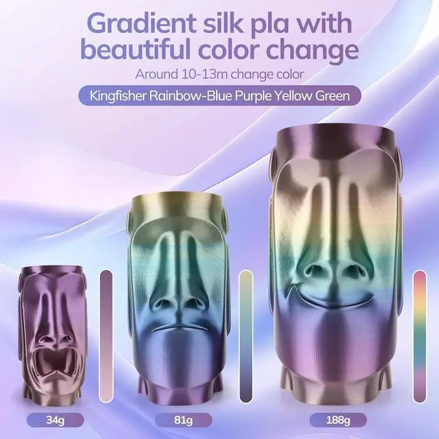 Alt view image 3 of 7 - AMOLEN Silk PLA 3D Printer Filament, Shiny Multicolor Kingfisher Rainbow PLA Filament 1.75mm, Gradient Color Change PLA 3D Printing Filament for Most FDM 3D Printer, Blue Purple Yellow, 1kg (2.2lbs)