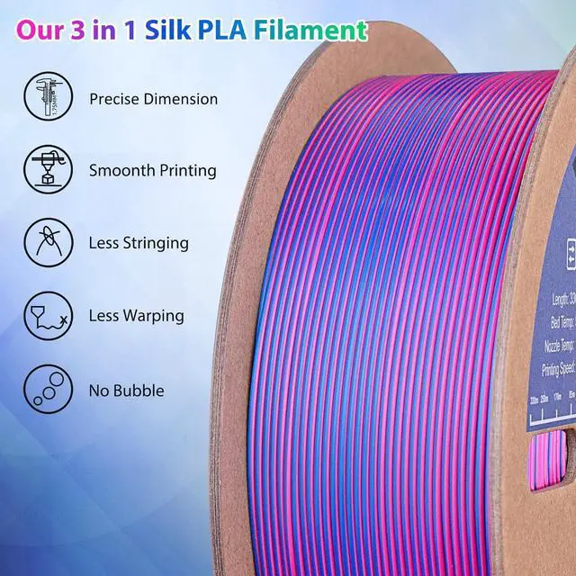 Alt view image 3 of 7 - Silk PLA 3D Printer Filament Triple Color Silk PLA Filament 1.75mm 3D Printing Filament Fit Most FDM Printers, 1KG Spool(2.2lbs), 3 in 1 Color Rose Red Dark Blue Green