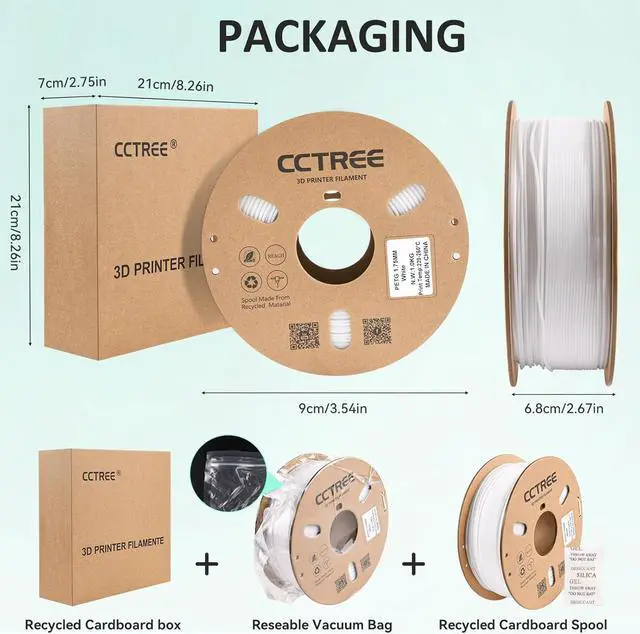 Alt view image 7 of 7 - CCTREE 3D Printer PETG Filament 1.75mm, 1KG Cardboard Spool (2.2 lbs), White