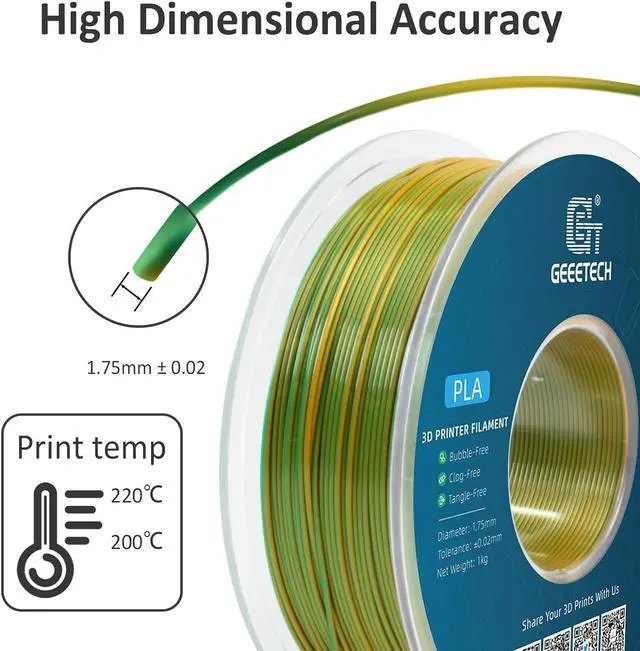 Alt view image 3 of 6 - Geeetech 3D Printer Silk PLA Dual Color Filament, Metal-Like Shiny Silk Filament 1.75mm 1kg (2.2lbs) Spool, Dimensional Accuracy +/- 0.02 mm, Silk Yellow Green