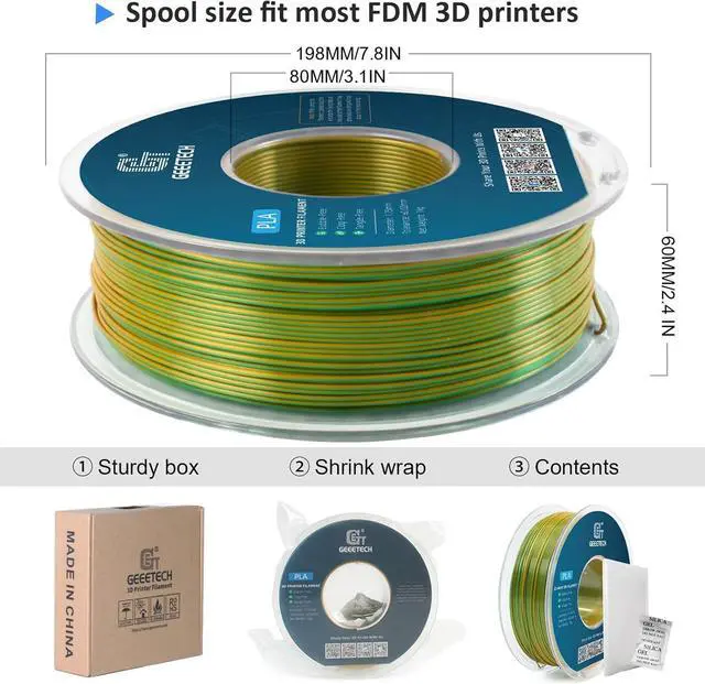 Alt view image 5 of 6 - Geeetech 3D Printer Silk PLA Dual Color Filament, Metal-Like Shiny Silk Filament 1.75mm 1kg (2.2lbs) Spool, Dimensional Accuracy +/- 0.02 mm, Silk Yellow Green