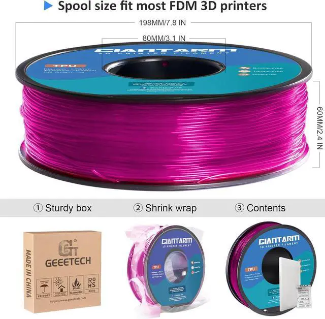 Alt view image 5 of 6 - GIANTARM TPU Filament 1.75mm Flexible Soft 3D Printer Consumables Pink,95A 1kg Spool (2.2 lbs.), Dimensional Accuracy +/- 0.05 mm