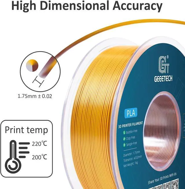 Alt view image 4 of 7 - Geeetech 3D Printer Silk PLA Tri-Color Filament, Metal-Like Shiny Silk Filament 1.75mm 1kg (2.2lbs) Spool, Dimensional Accuracy +/- 0.02 mm, Tri-Color Gold Silver Copper
