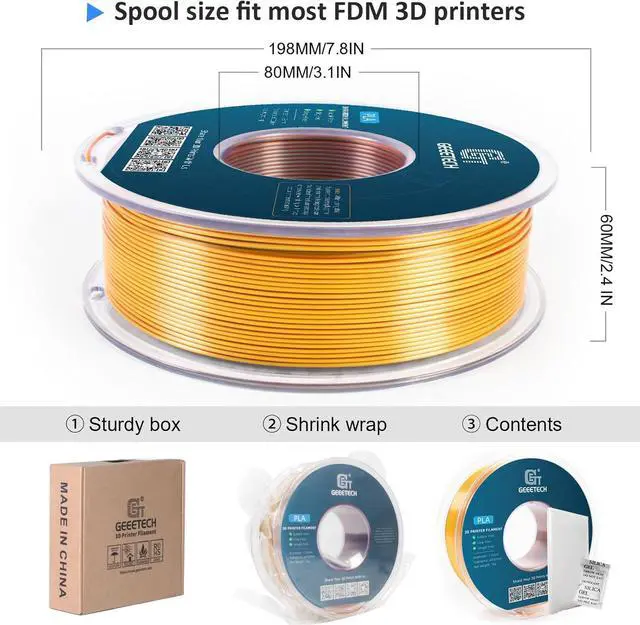 Alt view image 7 of 7 - Geeetech 3D Printer Silk PLA Tri-Color Filament, Metal-Like Shiny Silk Filament 1.75mm 1kg (2.2lbs) Spool, Dimensional Accuracy +/- 0.02 mm, Tri-Color Gold Silver Copper