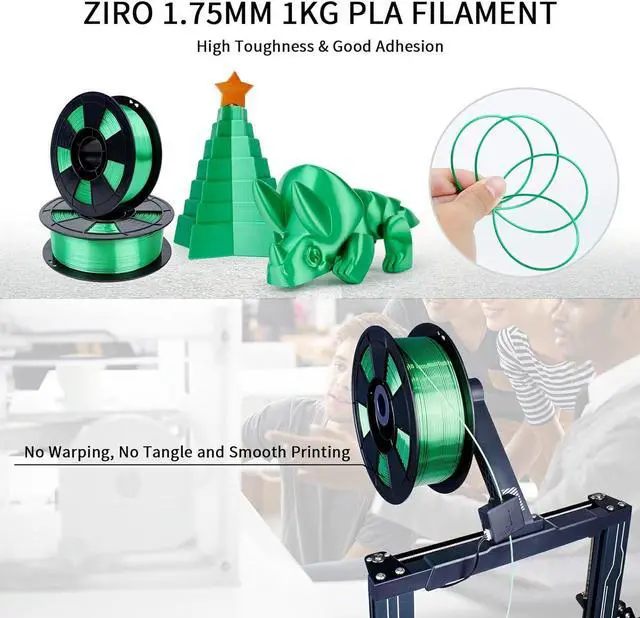Alt view image 4 of 7 - ZIRO 3D Printer Filament, Silky PLA Filament 1.75mm, Shining Silk 3D Printing Material, Fit Most Printers, Metal Glossy 1KG/2.2lb Spool, Christmas Green