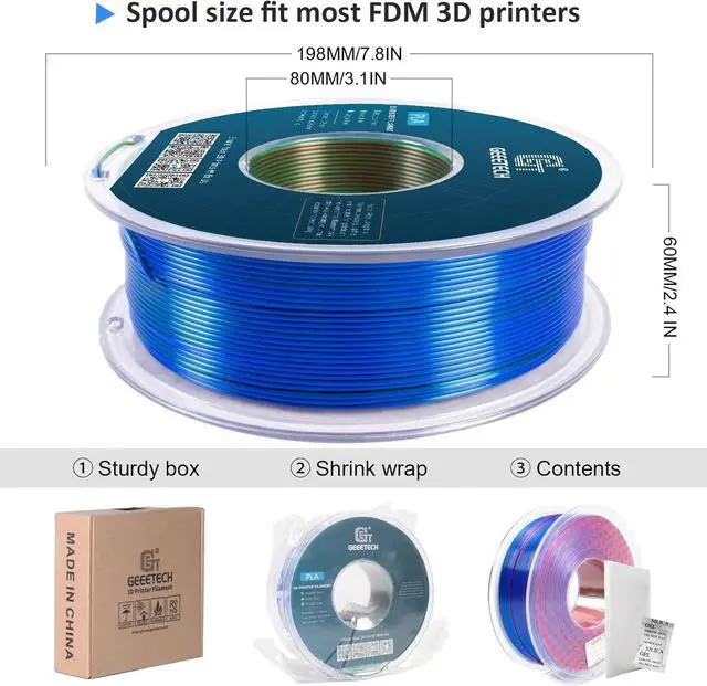 Alt view image 7 of 7 - Geeetech Silk PLA Tri Color Filament 1.75mm 3D Printer Filament, Coextrusion Red Blue Green Tri-Colors Metal-Like Shiny Silk PLA Filament, 1kg (2.2lbs) 1 Spool, Dimensional Accuracy +/- 0.02 mm