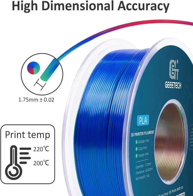 Alt view image 5 of 7 - Geeetech Silk PLA Tri Color Filament 1.75mm 3D Printer Filament, Coextrusion Red Blue Green Tri-Colors Metal-Like Shiny Silk PLA Filament, 1kg (2.2lbs) 1 Spool, Dimensional Accuracy +/- 0.02 mm