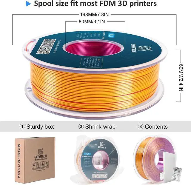 Alt view image 4 of 6 - Geeetech Silk PLA Tri Color Filament 1.75mm 3D Printer Filament, Coextrusion Red Gold Purple Tri-Colors Metal-Like Shiny Silk PLA Filament, 1kg (2.2lbs) 1 Spool, Dimensional Accuracy +/- 0.02 mm
