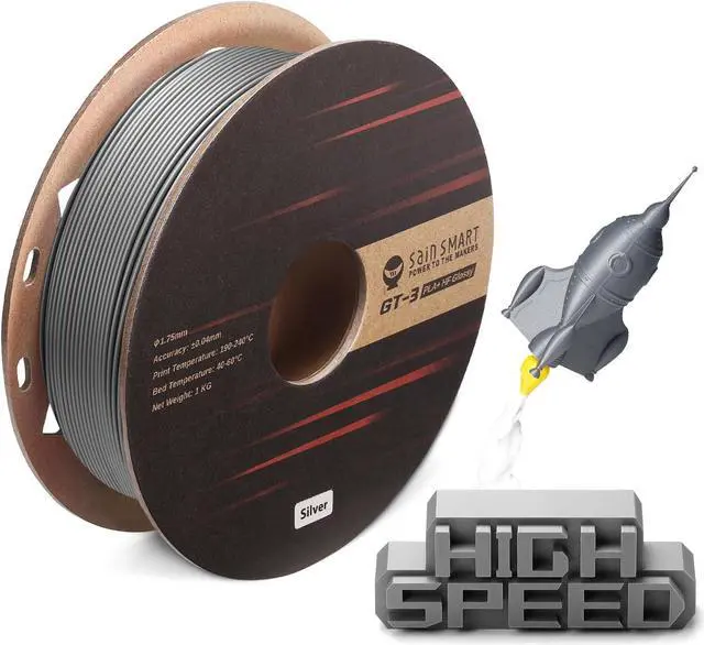 Main image of SainSmart GT-3 High Speed PLA+ Filament 1.75mm, High Flow Glossy 3D Printer Filament, Silver, 2.2 LBS (1KG) Spool, Dimensional Accuracy +/- 0.04mm
