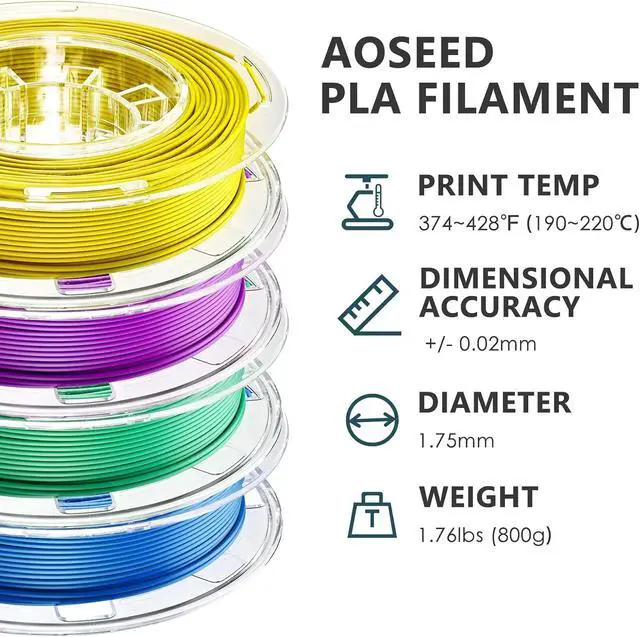 Alt view image 2 of 7 - AOSEED 3D Printer Filament Bundle, 1.75mm (±0.03mm) PLA Filament Set for Most 3D Printers, 4-Pack 200g (0.44lbs) Per Spool, Purple, Green, Blue, Yellow